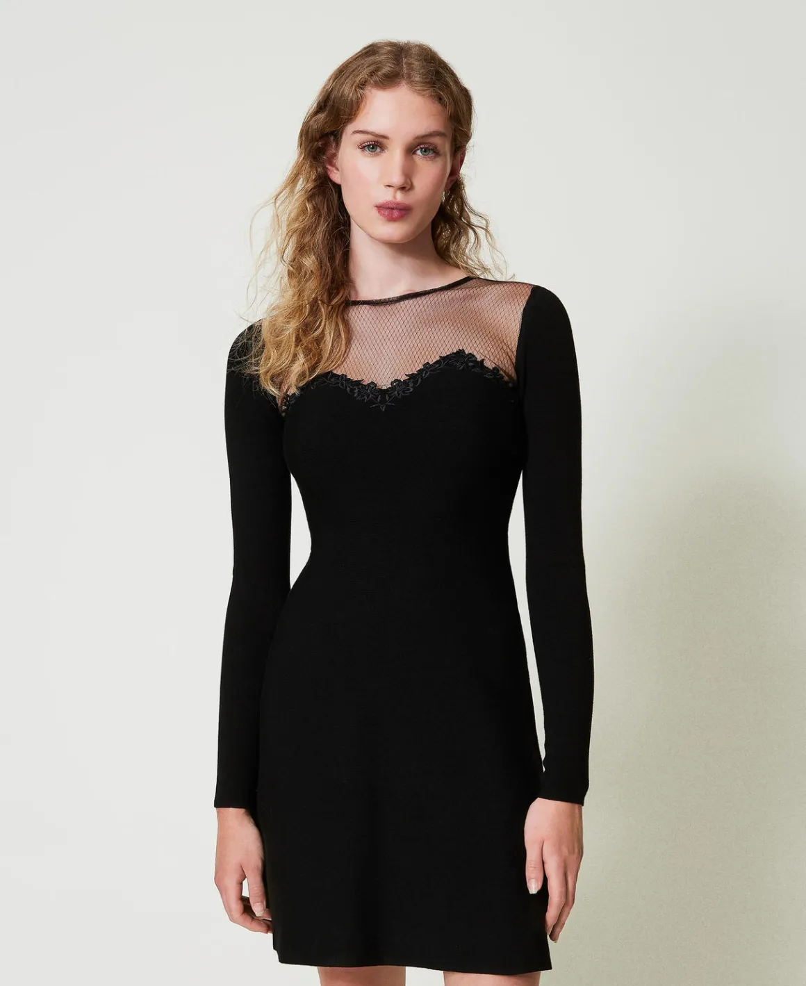 TWINSET Milano Abito Corto In Maglia Con Tulle E Ricamo | Vestiti Eleganti | Vestiti In Maglia