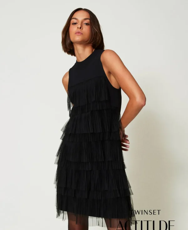 TWINSET Milano Abito Corto In Maglia Con Balze In Tulle | Vestiti Eleganti | Vestiti In Maglia