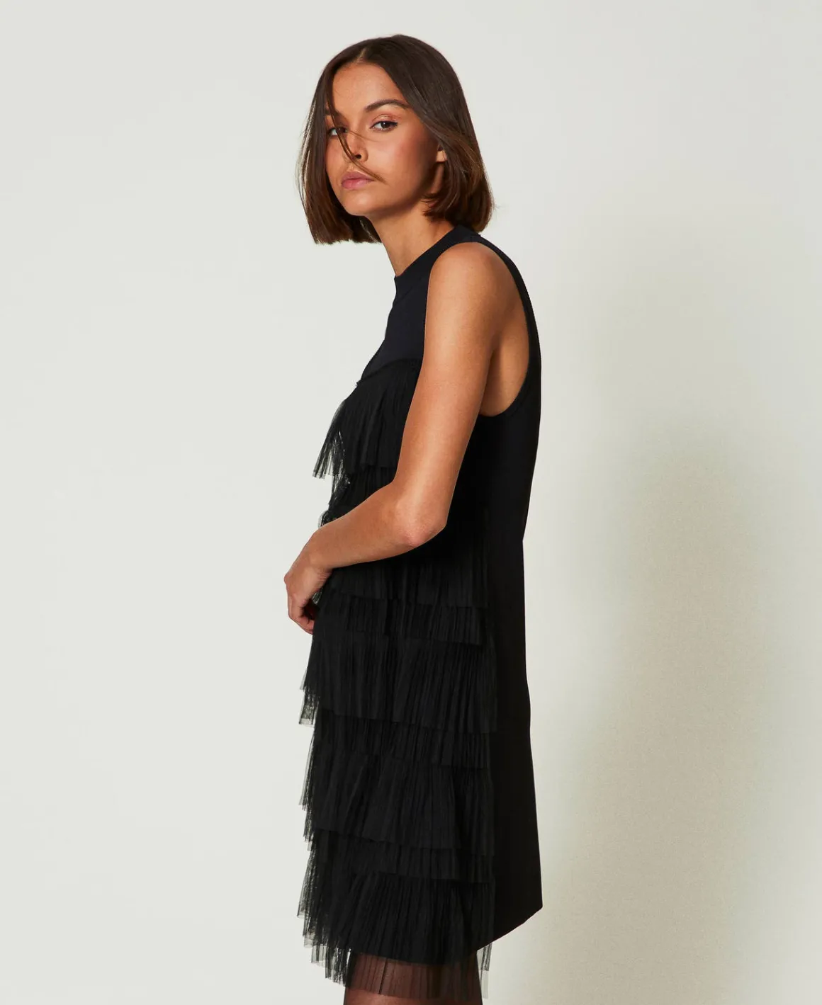 TWINSET Milano Abito Corto In Maglia Con Balze In Tulle | Vestiti Eleganti | Vestiti In Maglia