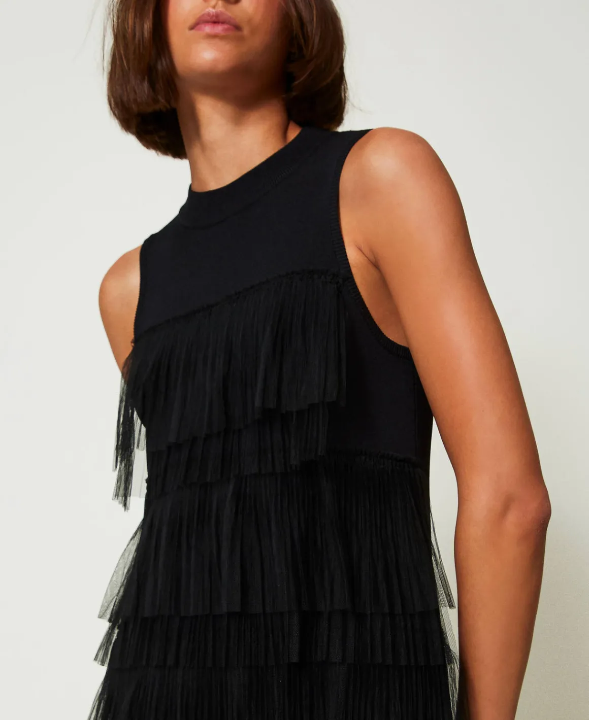 TWINSET Milano Abito Corto In Maglia Con Balze In Tulle | Vestiti Eleganti | Vestiti In Maglia