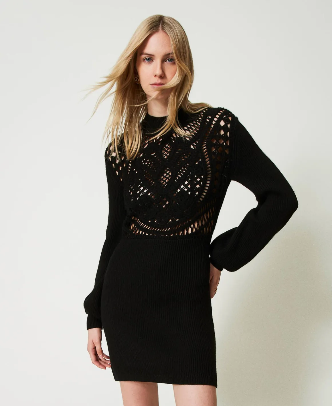 TWINSET Milano Abito Corto In Maglia Misto Lana Crochet | Vestiti Da Cerimonia | Vestiti Eleganti