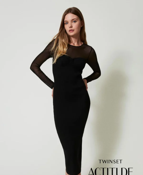 TWINSET Milano Abito Longuette In Maglia Con Tulle | Vestiti Eleganti | Vestiti In Maglia