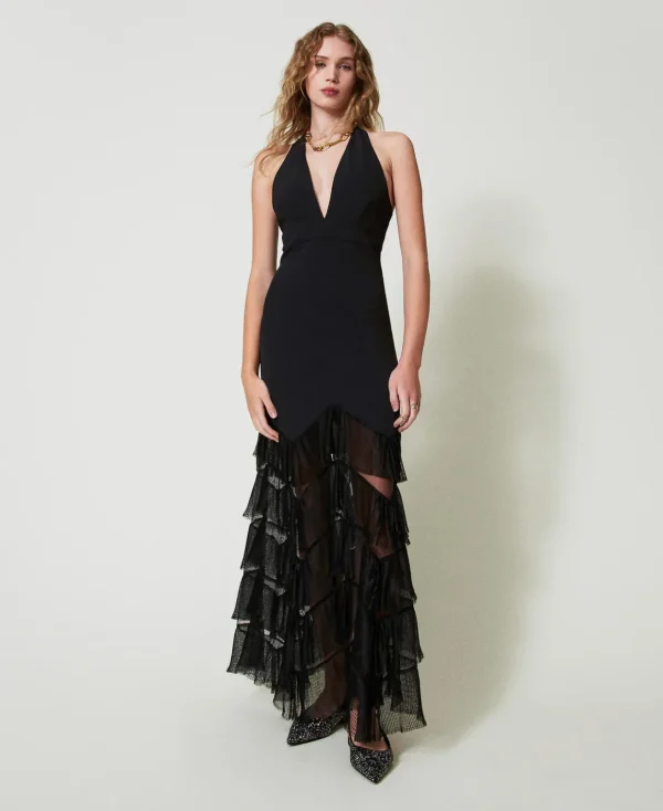 TWINSET Milano Abito Lungo Halter Con Balze Plissé In Tulle | Vestiti Da Cerimonia | Vestiti Eleganti