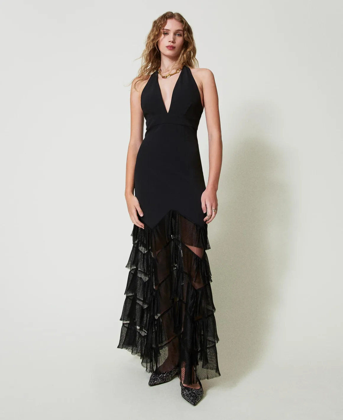TWINSET Milano Abito Lungo Halter Con Balze Plissé In Tulle | Vestiti Da Cerimonia | Vestiti Eleganti