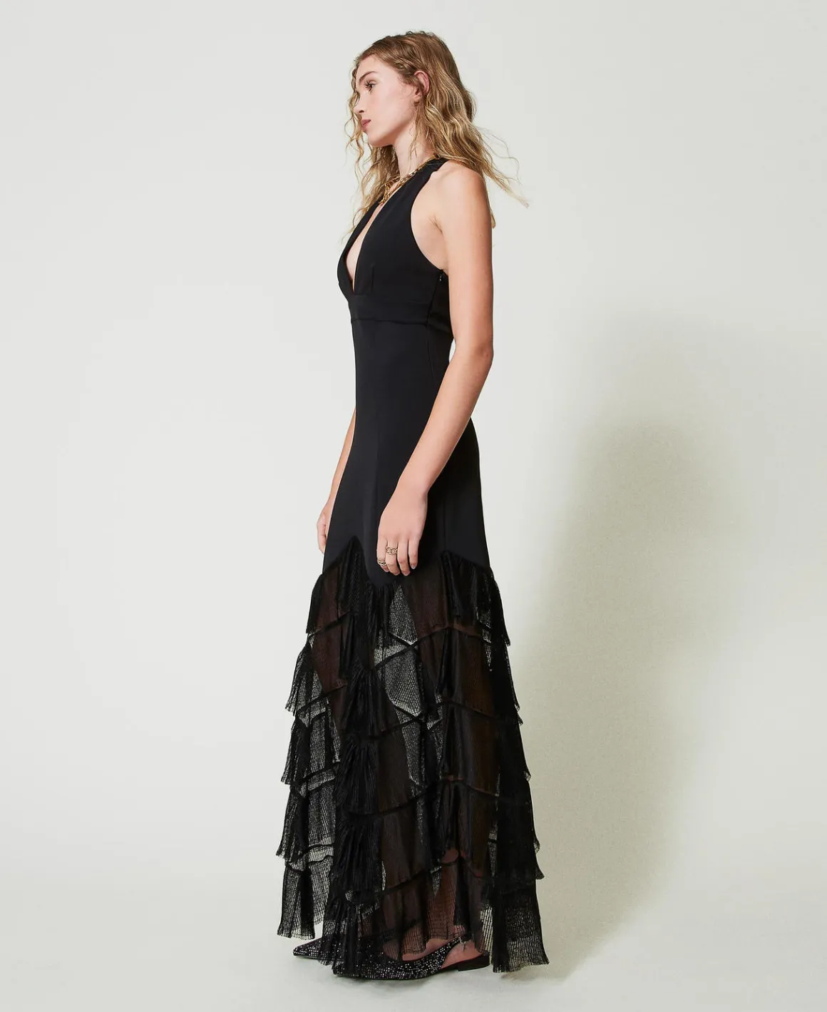 TWINSET Milano Abito Lungo Halter Con Balze Plissé In Tulle | Vestiti Da Cerimonia | Vestiti Eleganti