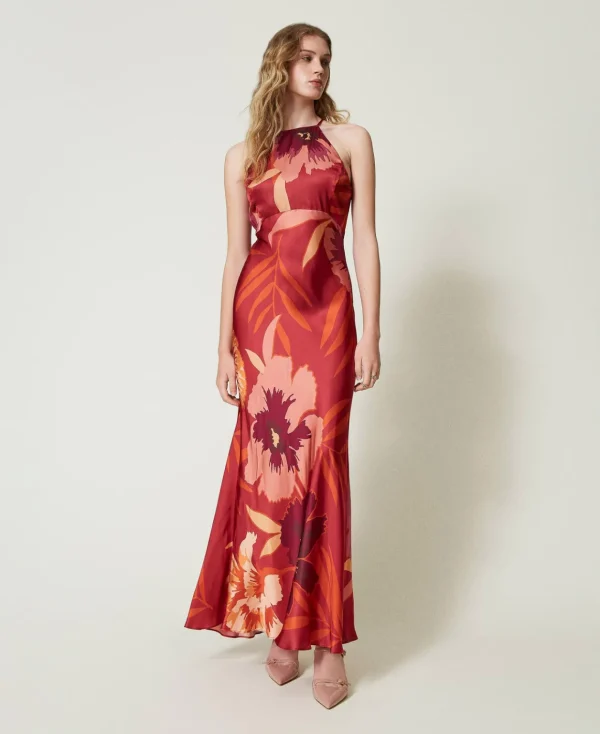 TWINSET Milano Abito Lungo In Raso A Fiori Con Scollo All'americana | Vestiti Da Cerimonia | Vestiti Eleganti