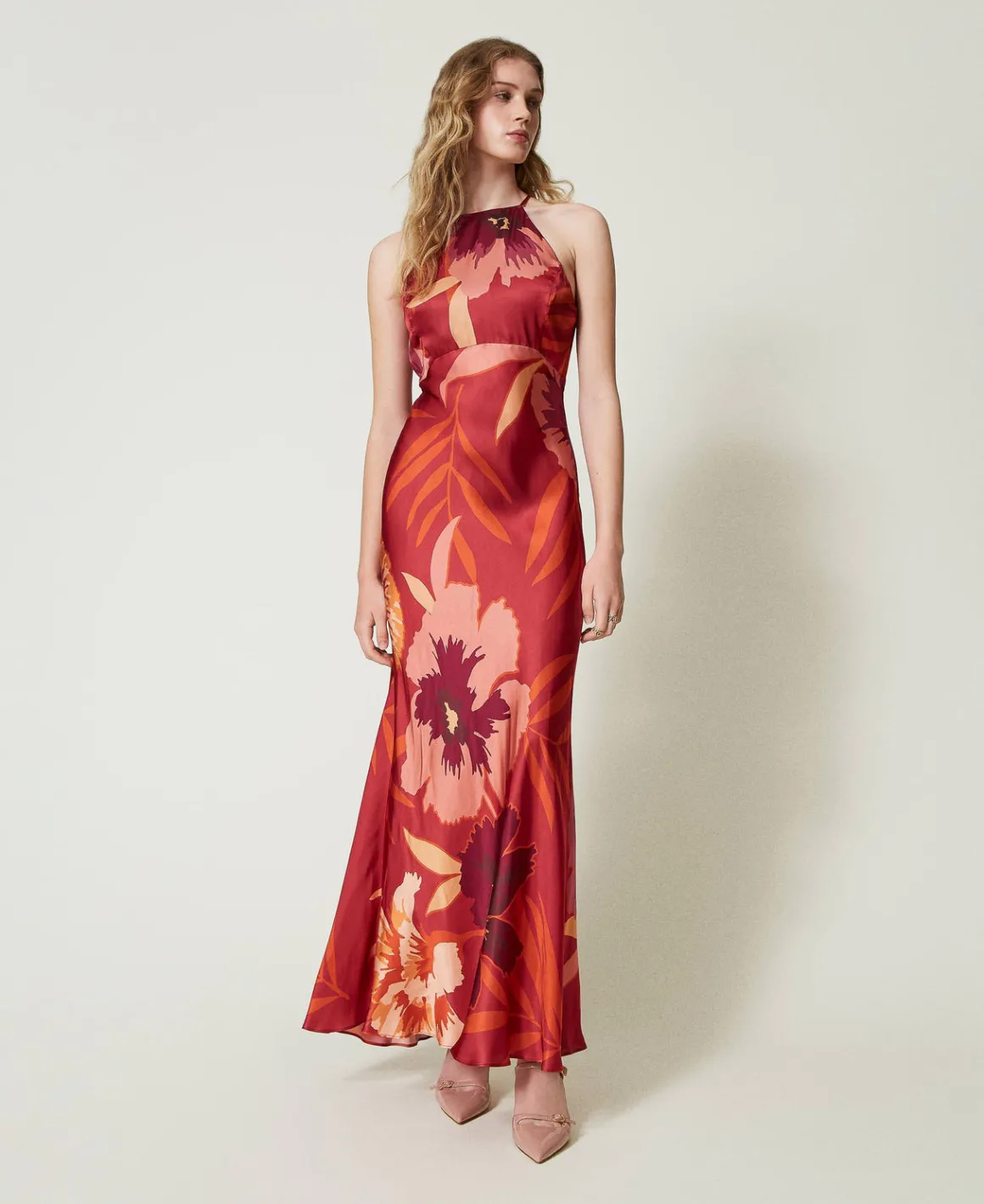 TWINSET Milano Abito Lungo In Raso A Fiori Con Scollo All'americana | Vestiti Da Cerimonia | Vestiti Eleganti