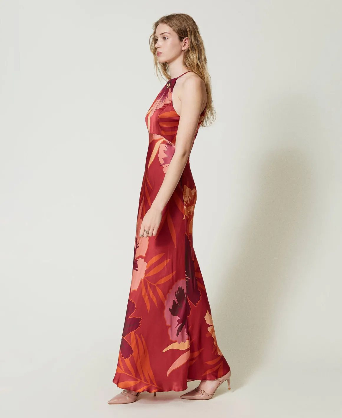 TWINSET Milano Abito Lungo In Raso A Fiori Con Scollo All'americana | Vestiti Da Cerimonia | Vestiti Eleganti