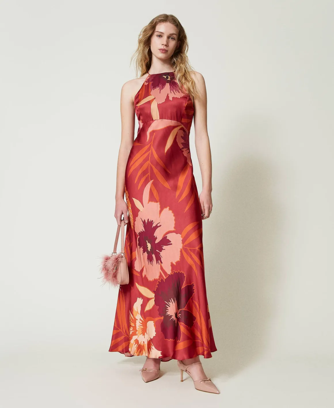 TWINSET Milano Abito Lungo In Raso A Fiori Con Scollo All'americana | Vestiti Da Cerimonia | Vestiti Eleganti