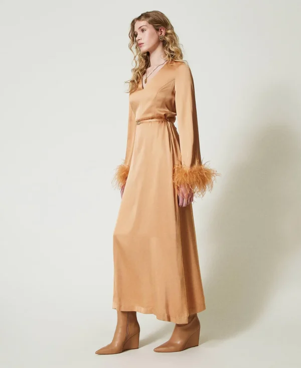 TWINSET Milano Abito Lungo In Raso Con Piume | Vestiti Da Cerimonia | Vestiti Eleganti