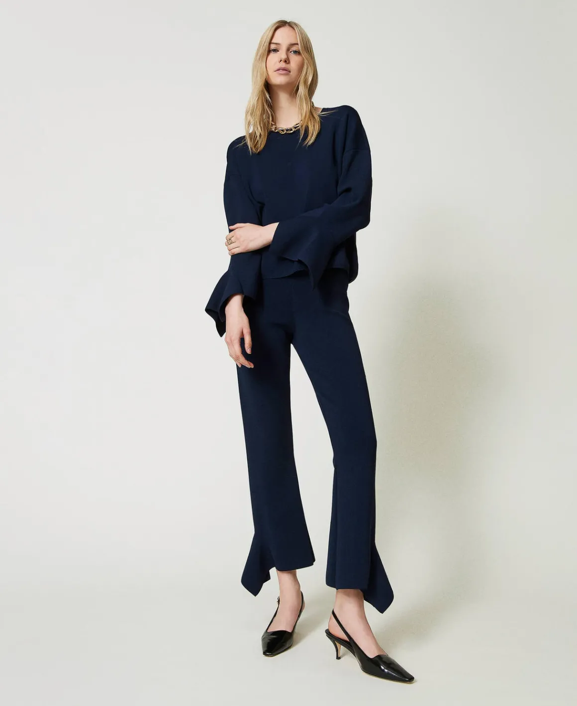 TWINSET Milano Pantaloni Flare In Maglia Con Volant | Pantaloni Flare