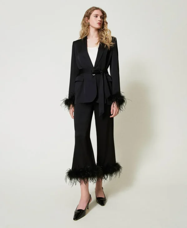 TWINSET Milano Pantaloni In Raso Con Piume | Pantaloni Eleganti | Pantaloni Dritti E A Sigaretta