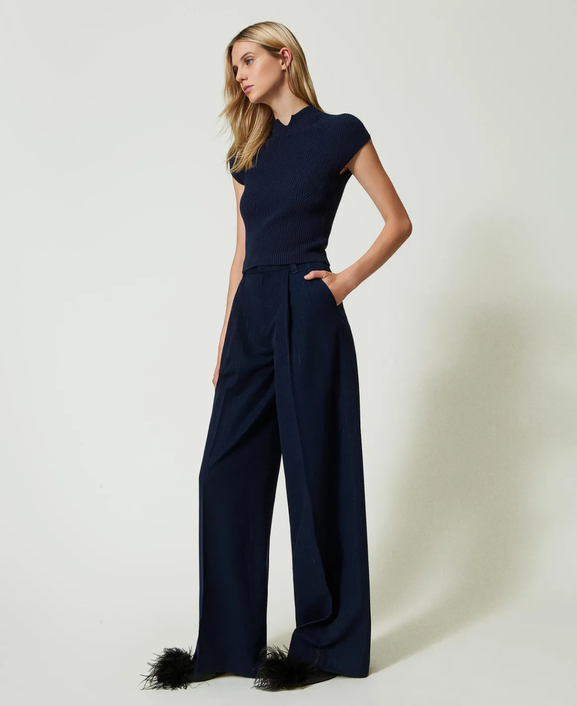 TWINSET Milano Pantaloni Wide Leg Gessati Lurex | Pantaloni Eleganti | Pantaloni Ampi E A Palazzo