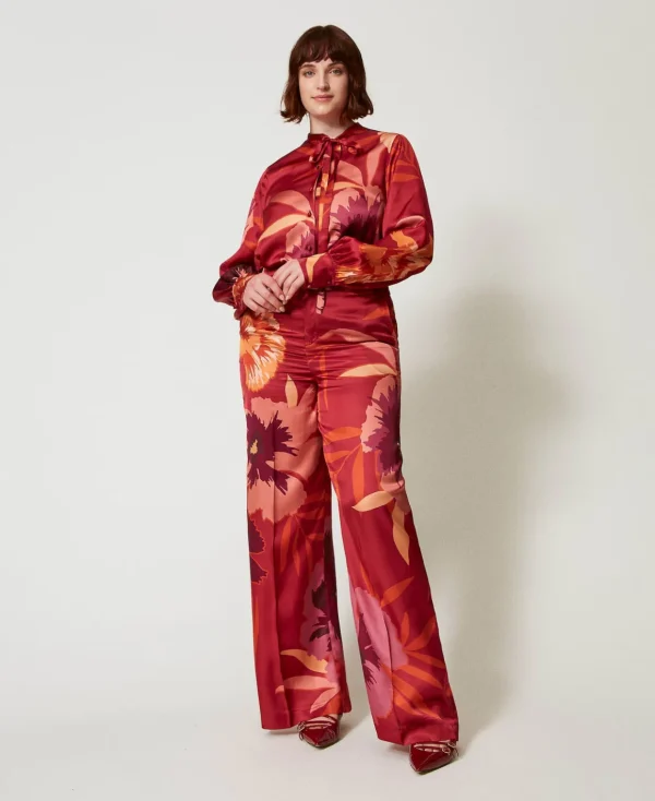 TWINSET Milano Pantaloni Wide Leg In Raso A Fiori | Pantaloni Ampi E A Palazzo