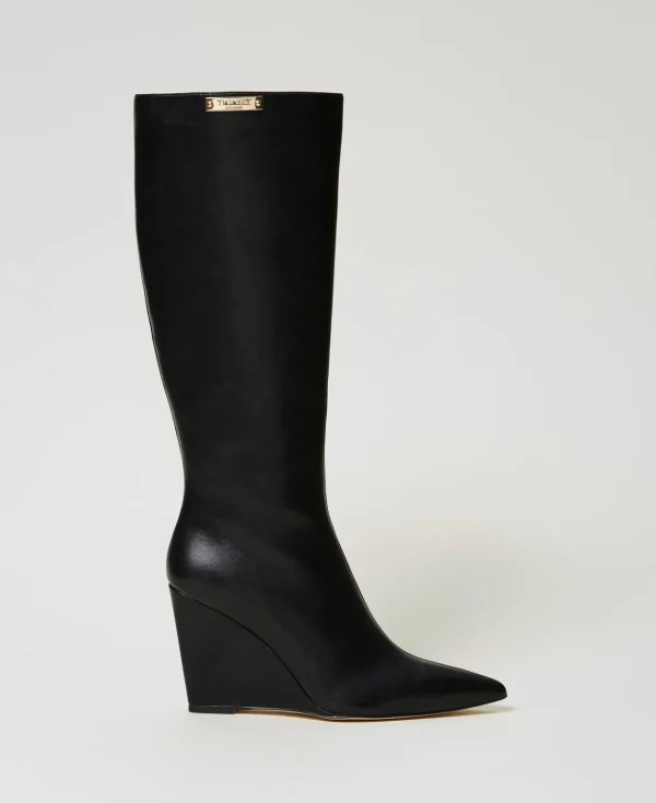 TWINSET Milano Stivali Alti Con Zeppa E Targhetta Logo | Scarpe Con Tacco | Stivali E Stivaletti