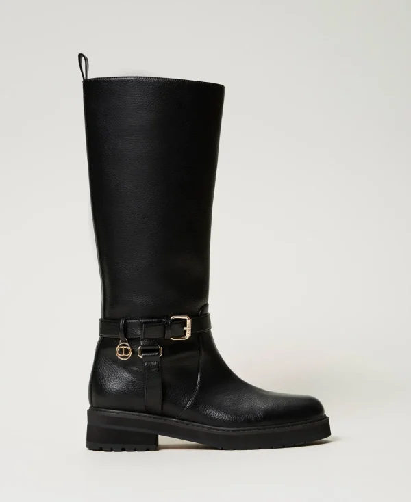 TWINSET Milano Stivali Biker In Pelle Con Oval T | Scarpe Basse | Stivali E Stivaletti